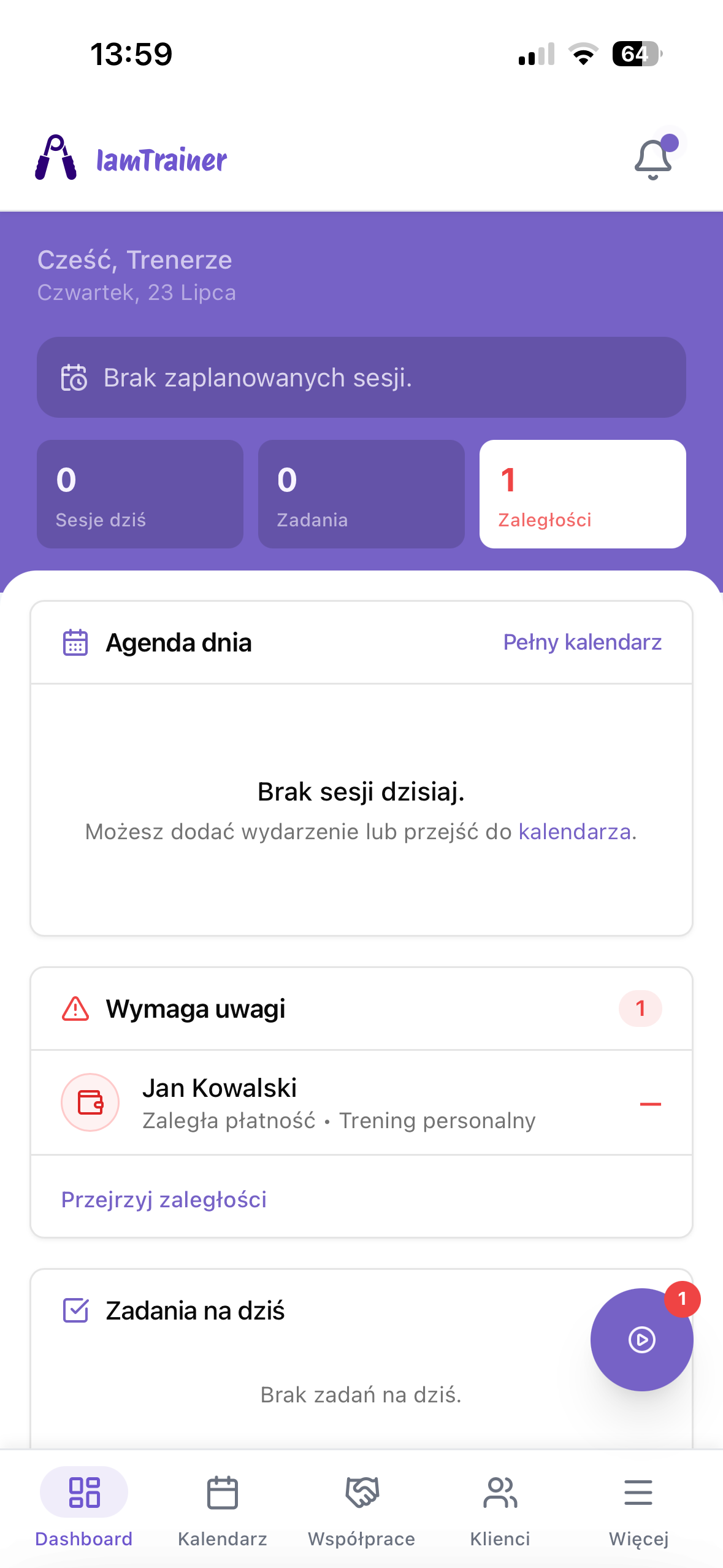 Panel studia w aplikacji IamTrainer